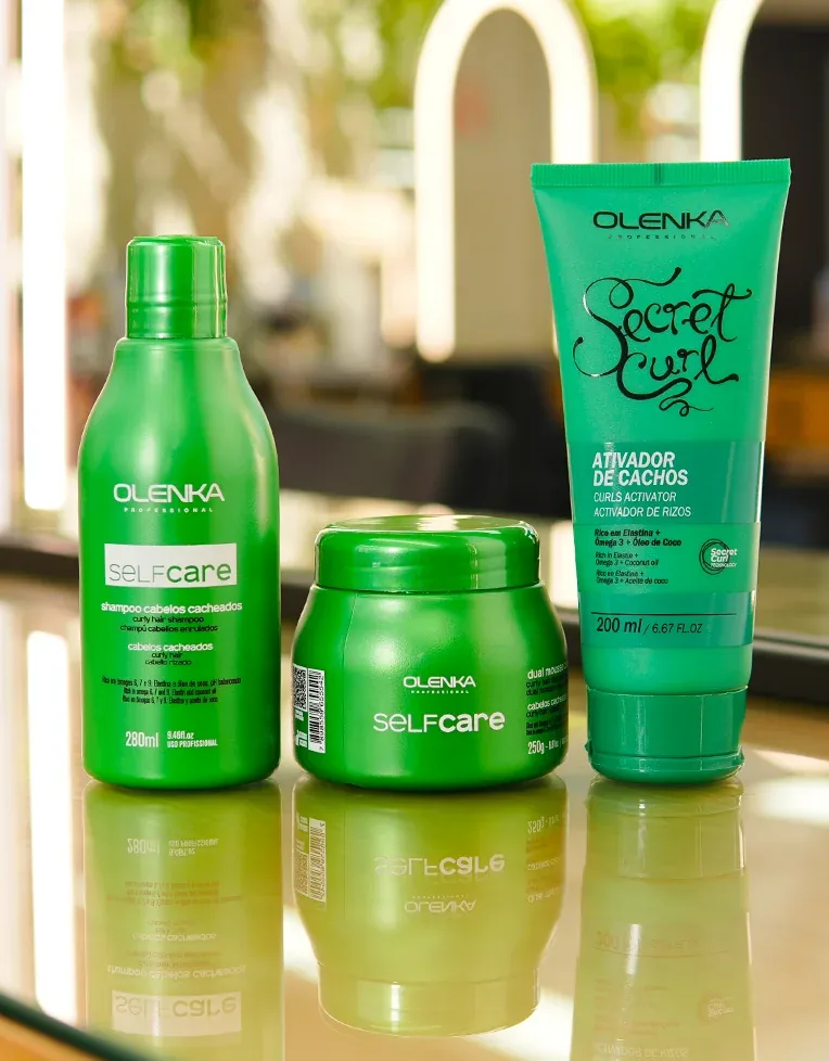 Kit Cabelos Cacheados Self Care -Sh + Dual Mousse 250ml+ Secret Curl Happy End Olenka 200mL