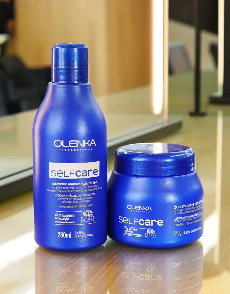 Kit Manutenção do Liso Self Care Olenka (Shampoo 280ml + Dual Mousse 250ml + Caixa Kit)