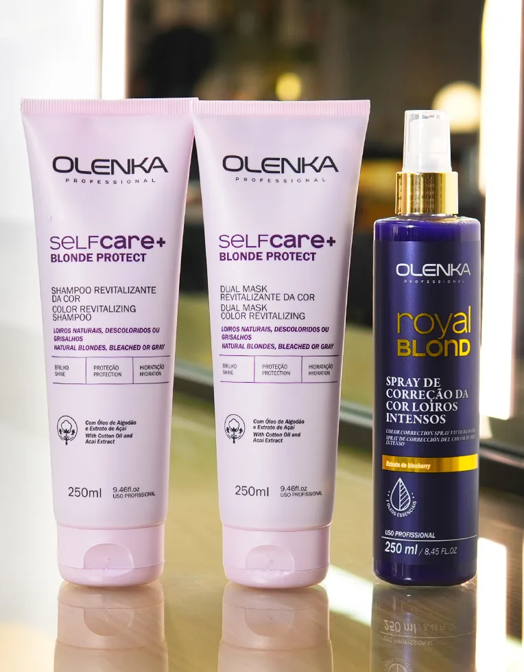 Kit Self Care+ Blonde Protect 250ml ( Sh + Dual Mask) +Spray de Correção da Cor Royal Blond Olenka 250mL