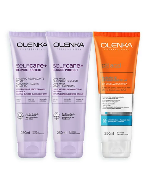Kit Self Care+ Blonde Protect 250ml (Sh+Mask) +Máscara pH Acid Olenka 250ML