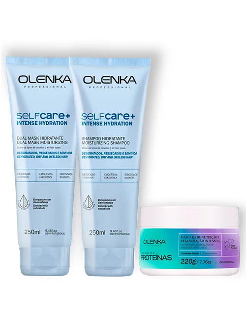 Kit Self Care+ Intense Hydratation 250ml ( Sh +mask + Caixa Kit ) +Máscara Blend de Proteínas Olenka 220g